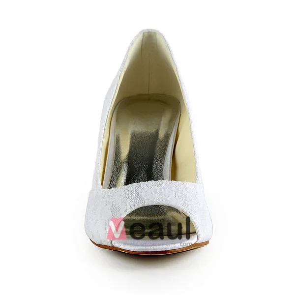 Klassiske Blonder Brudesko Hvit Peep Toe Stiletthæler Pumps