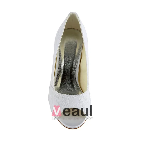 Klassiske Blonder Brudesko Hvit Peep Toe Stiletthæler Pumps