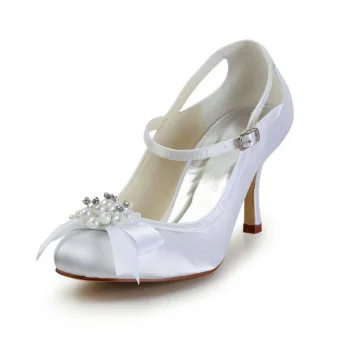 Beautiful Bridal Shoes 3 Inch Heels Ankle Strap Pumps With Pearl Bow