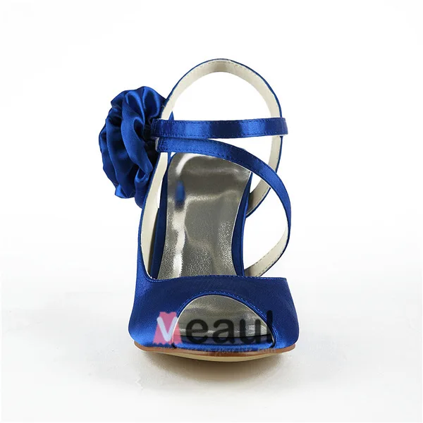 Chic Blue Bridal Shoes Open Toe 3 Inch Stilettos Heels Satin Strappy Pumps