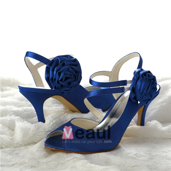 Chic Blue Bridal Shoes Open Toe 3 Inch Stilettos Heels Satin Strappy Pumps