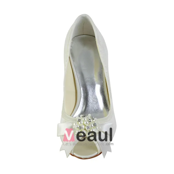 Belles Chaussures De Mariée Blanches Bout Ouvert Talons Aiguilles Dentelle Escarpins Avec Perles