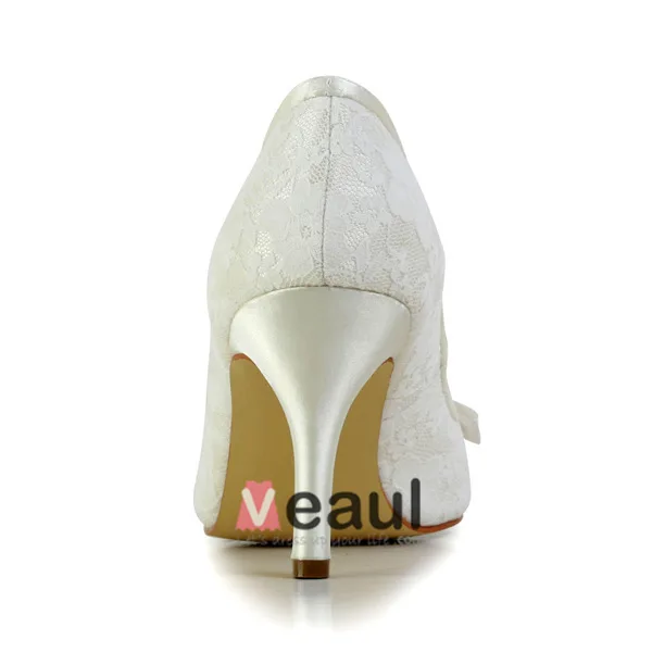 Belles Chaussures De Mariée Blanches Bout Ouvert Talons Aiguilles Dentelle Escarpins Avec Perles