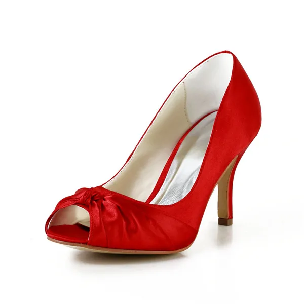 Clásicos Zapatos De Boda De Novia Rojos Peep Toe Bombas De Satén Estiletes