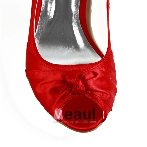 Klassisk Rød Brudesko Peep Toe Stiletter Satin Pumps
