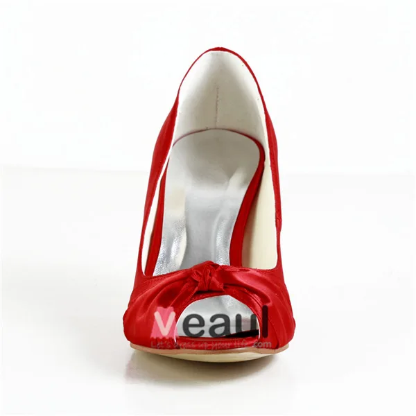 Klassisk Rød Brudesko Peep Toe Stiletter Satin Pumps