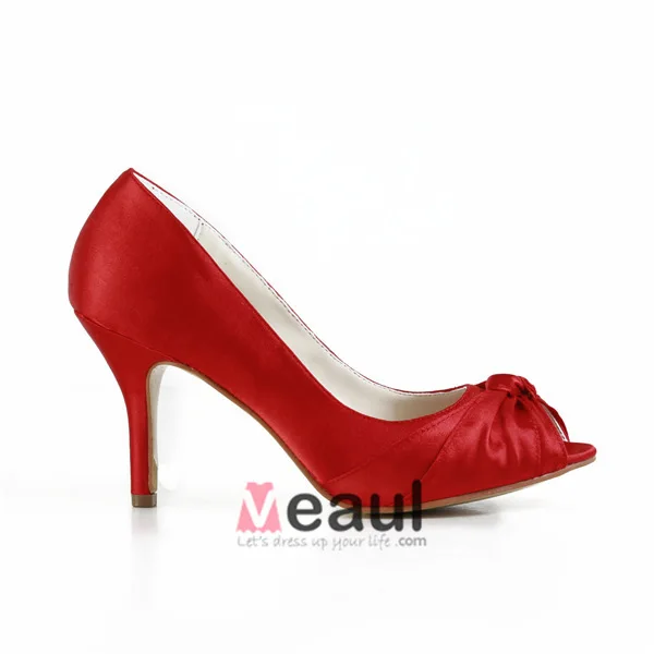 Klassisk Rød Brudesko Peep Toe Stiletter Satin Pumps