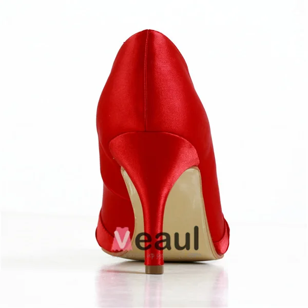 Klassisk Rød Brudesko Peep Toe Stiletter Satin Pumps