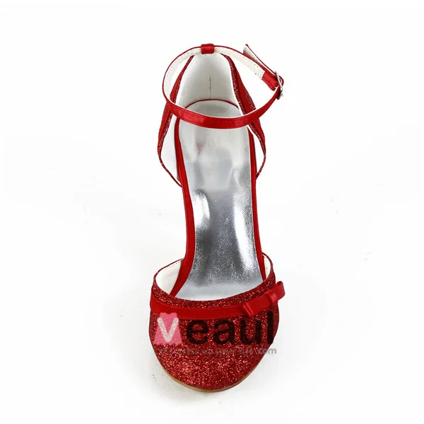 Sparkly Red Bridal Shoes Stiletto Heels Glitter Pumps Formal Shoes With Ankle Strap