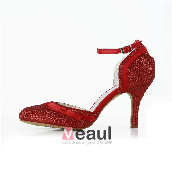 Sparkly Red Bridal Shoes Stiletto Heels Glitter Pumps Formal Shoes With Ankle Strap