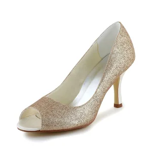 Świecący Szampan Peep Toe Buty Ślubne Brokat Pumps Szpilki