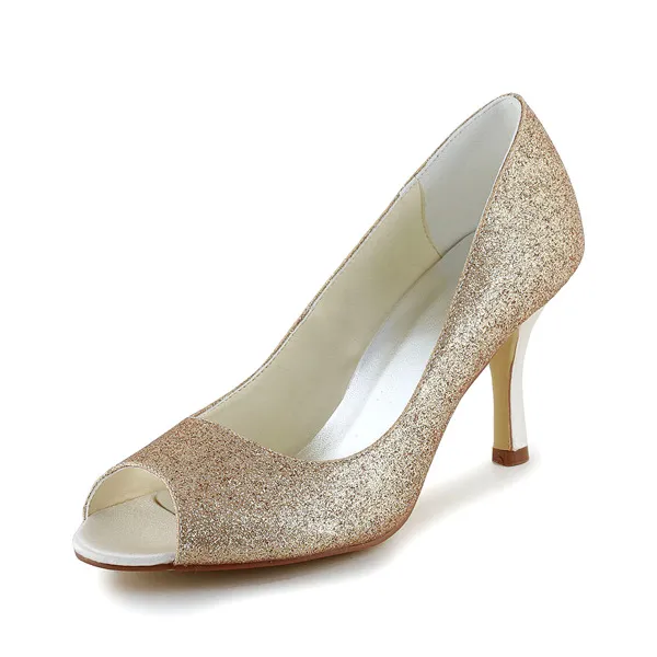 Sparkly Champagne Peep Toe Wedding Shoes Glitter Stilettos Pumps