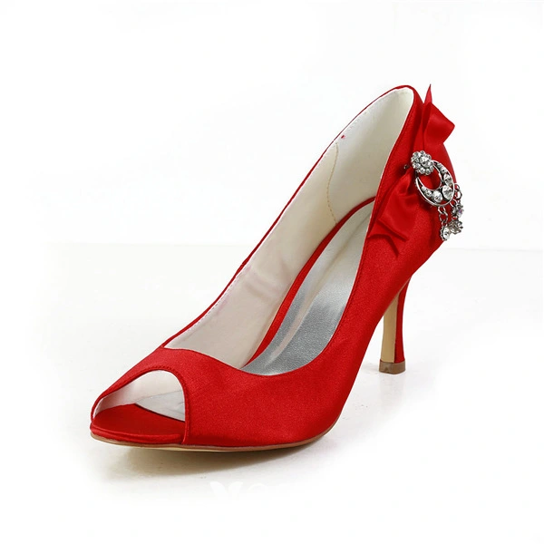 Chic Red Bridal Shoes Peep Toe Stiletto Heels Satin Pumps with Rhinestone Jewelry