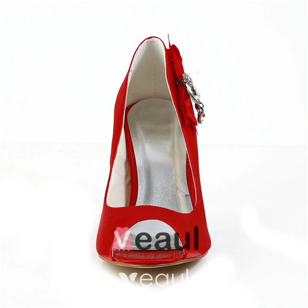 Chic Satin Peep Toe Stiletto Heels Bridal Shoes With Rhinestones