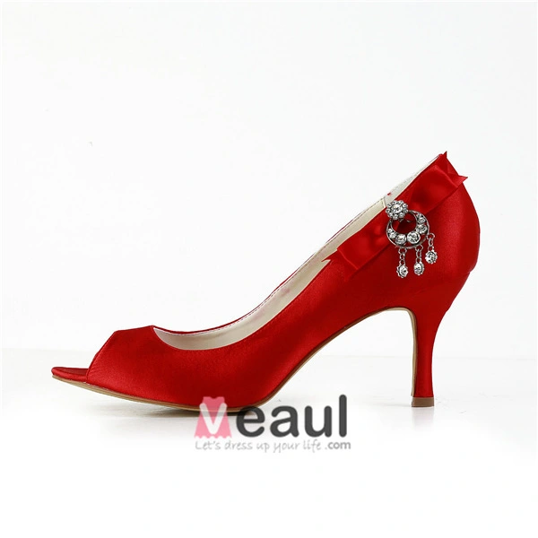 Chic Satin Peep Toe Stiletto Heels Bridal Shoes With Rhinestones
