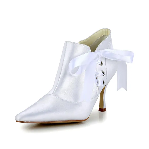 Unique White Bridal Shoes Stiletto Heel Satin Boot With Ribbon Bow