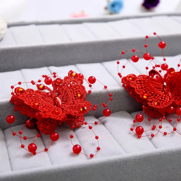 Recznie Robione Kwiaty Czerwone Koronkowe Dodatki Ślubne Motyl Perla Nakrycia / Szpilka / Czerwony Cheongsam