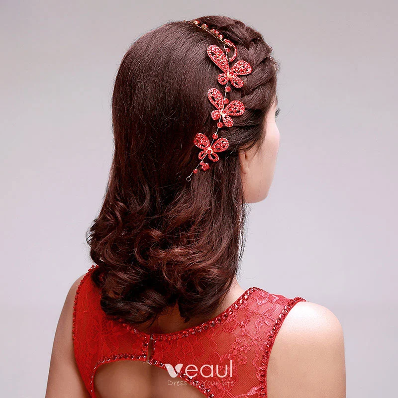 Style Chinois Strass Rouge Mariee Coiffure Fleur Tete Accessoires De Cheveux De Mariage Bijoux De Mariage