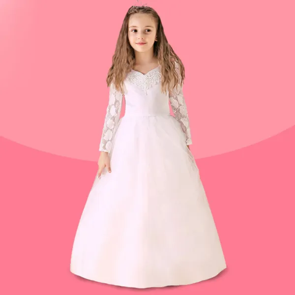 Weiß-blumenmädchenkleid Lange Schleppende Prinzessin Kleid Kommunionkleider