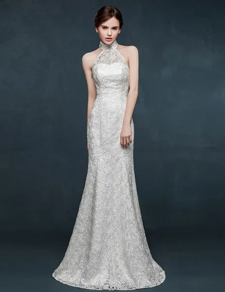 2015 White Halter Mermaid Wedding Dress