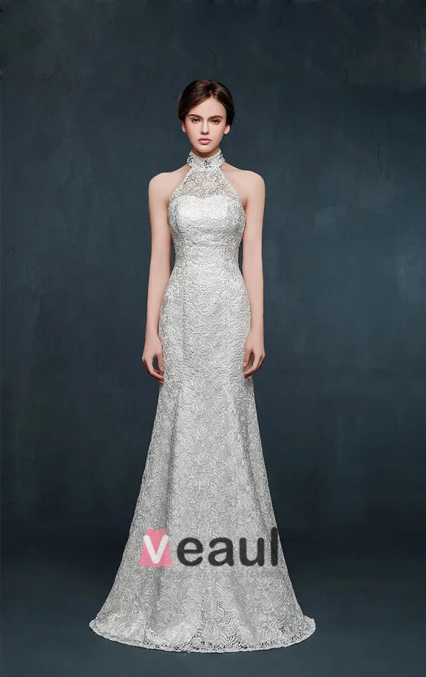 Witte Halter Zeemeermin Bruidsjurk