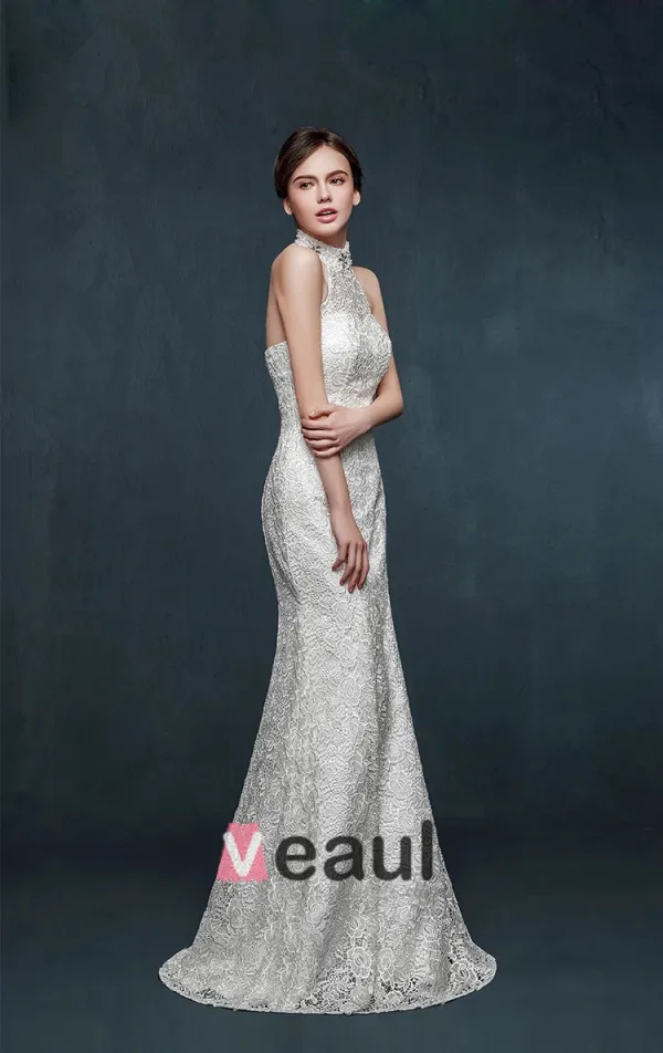 Witte Halter Zeemeermin Bruidsjurk