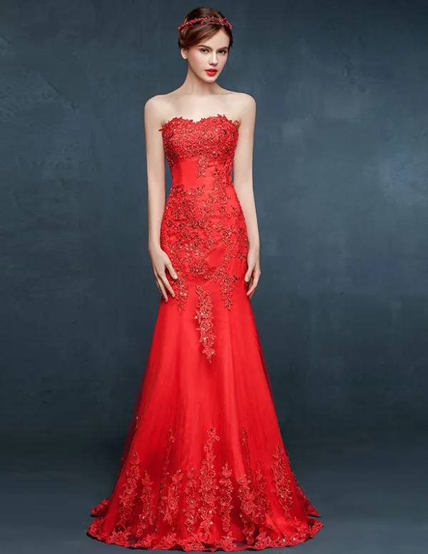 2015 Red Mermaid Lace Embroidered Evening Dress Formal Dress
