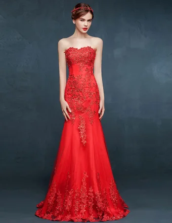Dentelle Sirène Robe Rouge Brode De Robe De Soirée