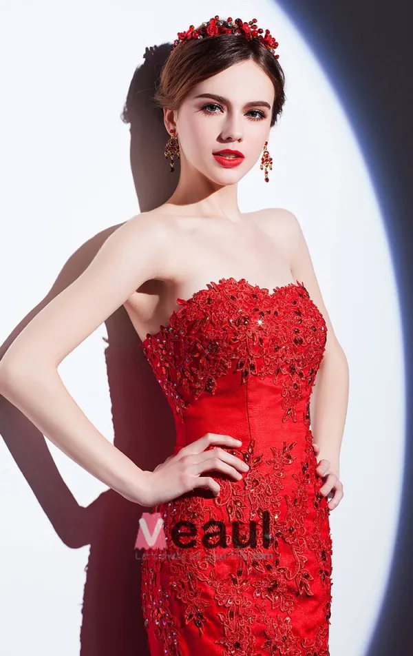 Dentelle Sirène Robe Rouge Brode De Robe De Soirée