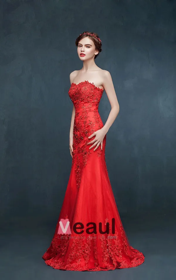 Dentelle Sirène Robe Rouge Brode De Robe De Soirée