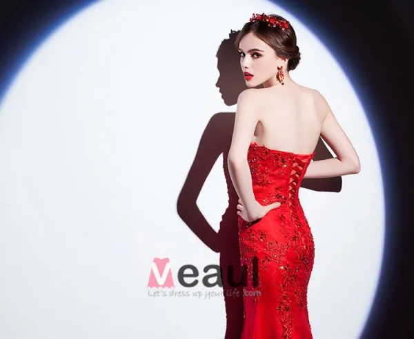 Dentelle Sirène Robe Rouge Brode De Robe De Soirée