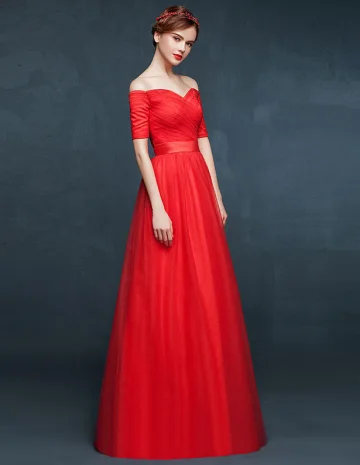 V Neck 1 2 Rekaw Off Ramie Czerwona Suknia Na Bal