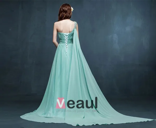 Longues Robes De Soirée Une Epaule Manches De Perlage