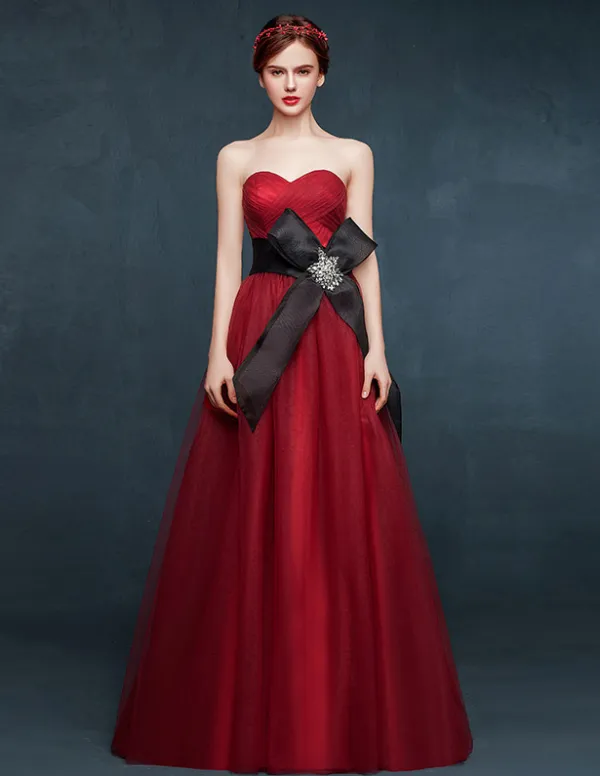 2015 Sweetheart Sleeveless Red Long Evening Dresses With Bow