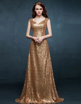 2015 Slim Fit Shoulders Golden Evening Dress
