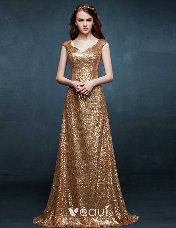 Slim Fit Schouders Gouden Avondjurk