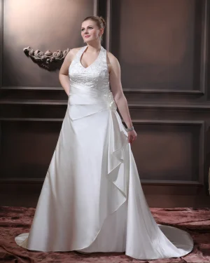 Perles De Satin Volants V Tribunal De Cou Plus La Taille Robe De Mariage Nuptiale Robe