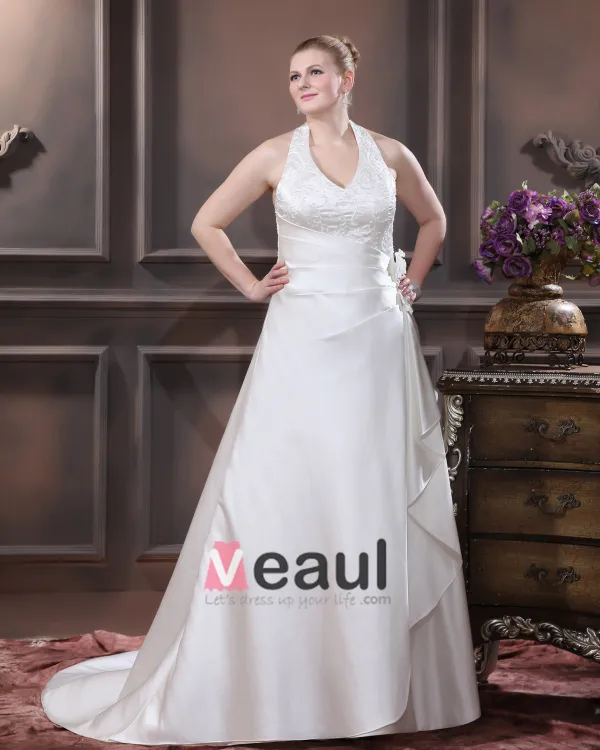 Satin Beading Ruffles V Neck Court Plus Size Bridal Gown Wedding Dress