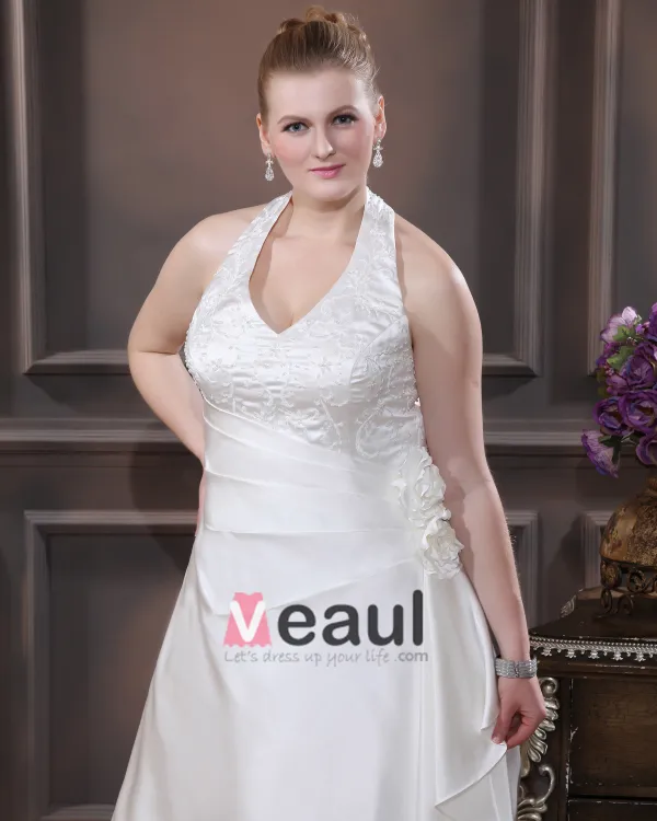Satin Beading Ruffles V Neck Court Plus Size Bridal Gown Wedding Dress