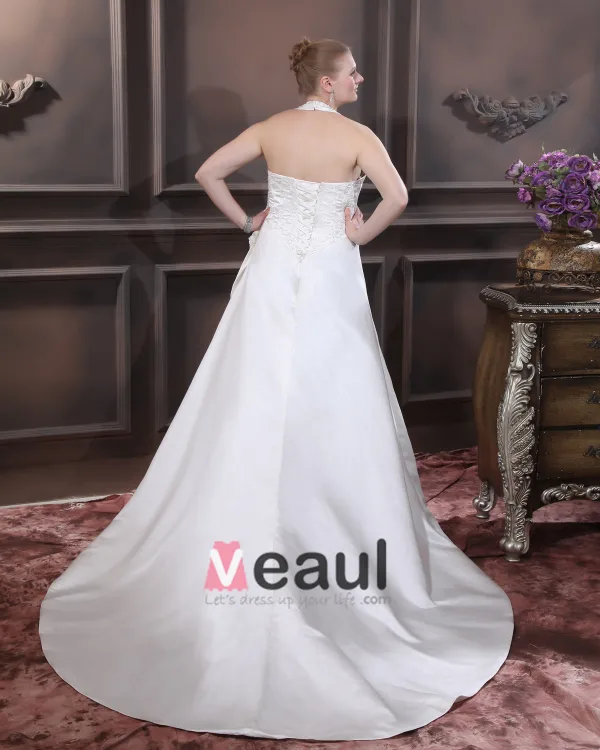 Satin Beading Ruffles V Neck Court Plus Size Bridal Gown Wedding Dress