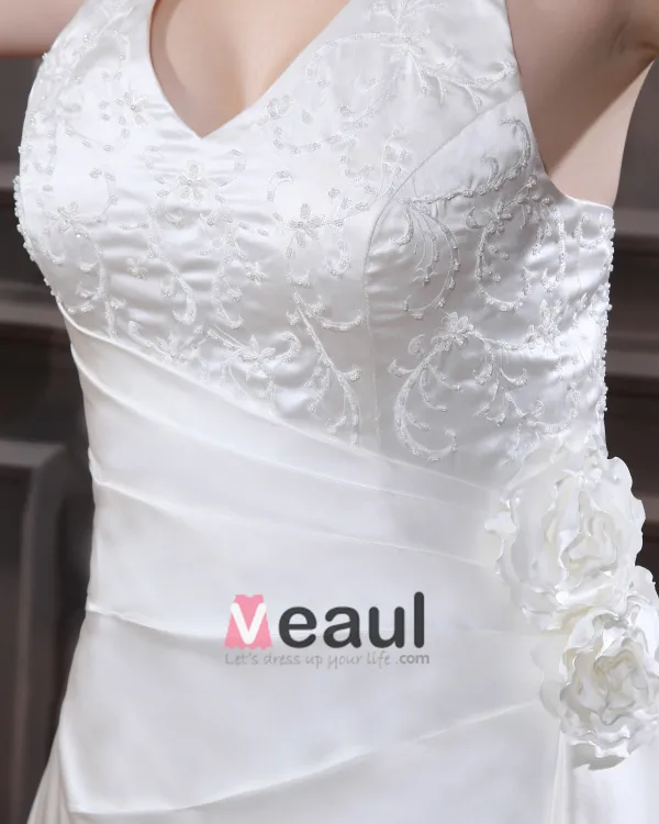 Satin Beading Ruffles V Neck Court Plus Size Bridal Gown Wedding Dress