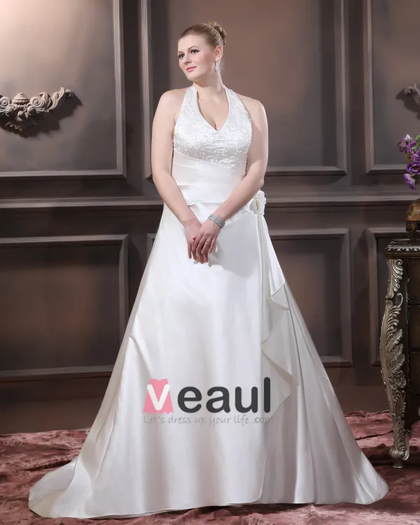 Satin Beading Ruffles V Neck Court Plus Size Bridal Gown Wedding Dress