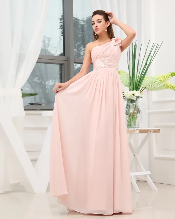 En Skulder Plissert Blomst Ermelos Glidelas Gulv Lengde Chiffon Kvinne Brudepikekjoler