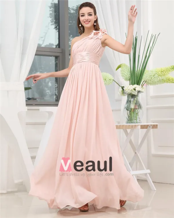 Une Epaule Plisse Fleur Sans Manches Zippee Etage Longueur Robe De Mousseline De Demoiselle D'honneur Femme