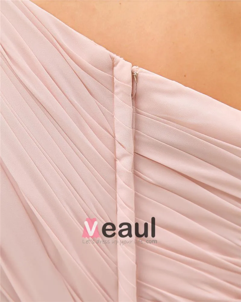 One Shoulder Pleated Flower Sleeveless Zipper Floor Length Chiffon Woman  Bridesmaid Dress