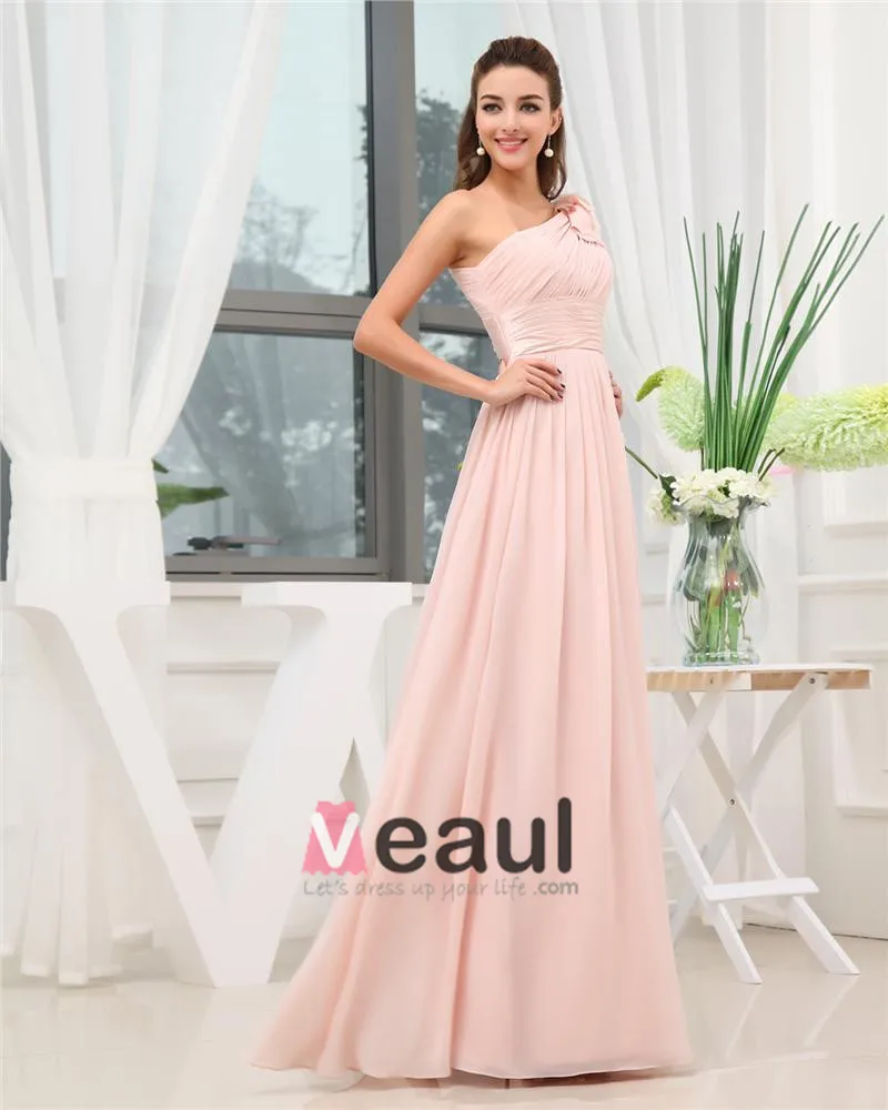 One Shoulder Pleated Flower Sleeveless Zipper Floor Length Chiffon Woman Bridesmaid  Dress