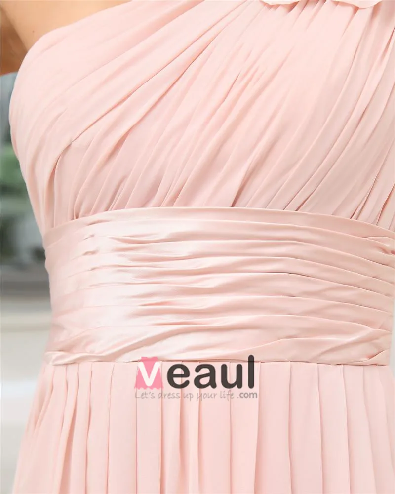 blush pink one shoulder bridesmaid dress Bridesmaid Dresses Blush Pink Flowy One Shoulder Long Sleeves Floor Length Chiffon Bridesmaid Dresses main image 1