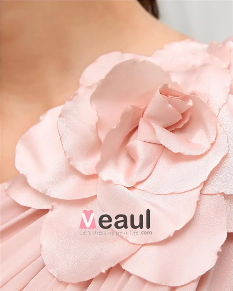 One Shoulder Pleated Flower Sleeveless Zipper Floor Length Chiffon Woman Bridesmaid Dress
