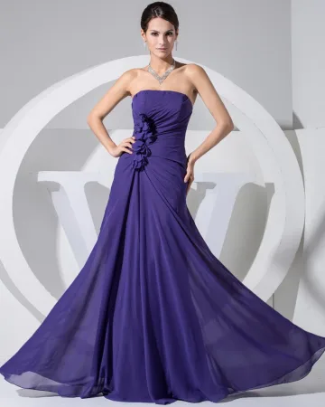 Chiffon Strapless Sleeveless Zipper Ruffle Floor Length Evening Dress