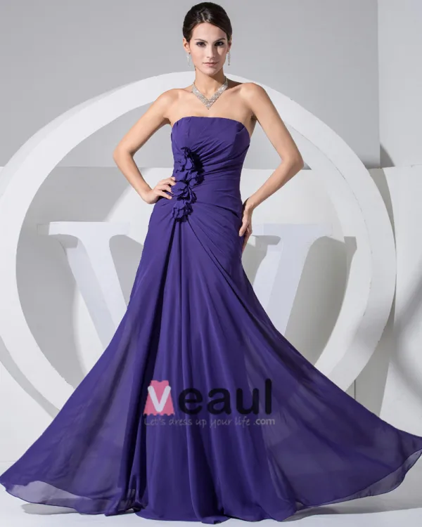 Chiffon Strapless Sleeveless Zipper Ruffle Floor Length Evening Dress